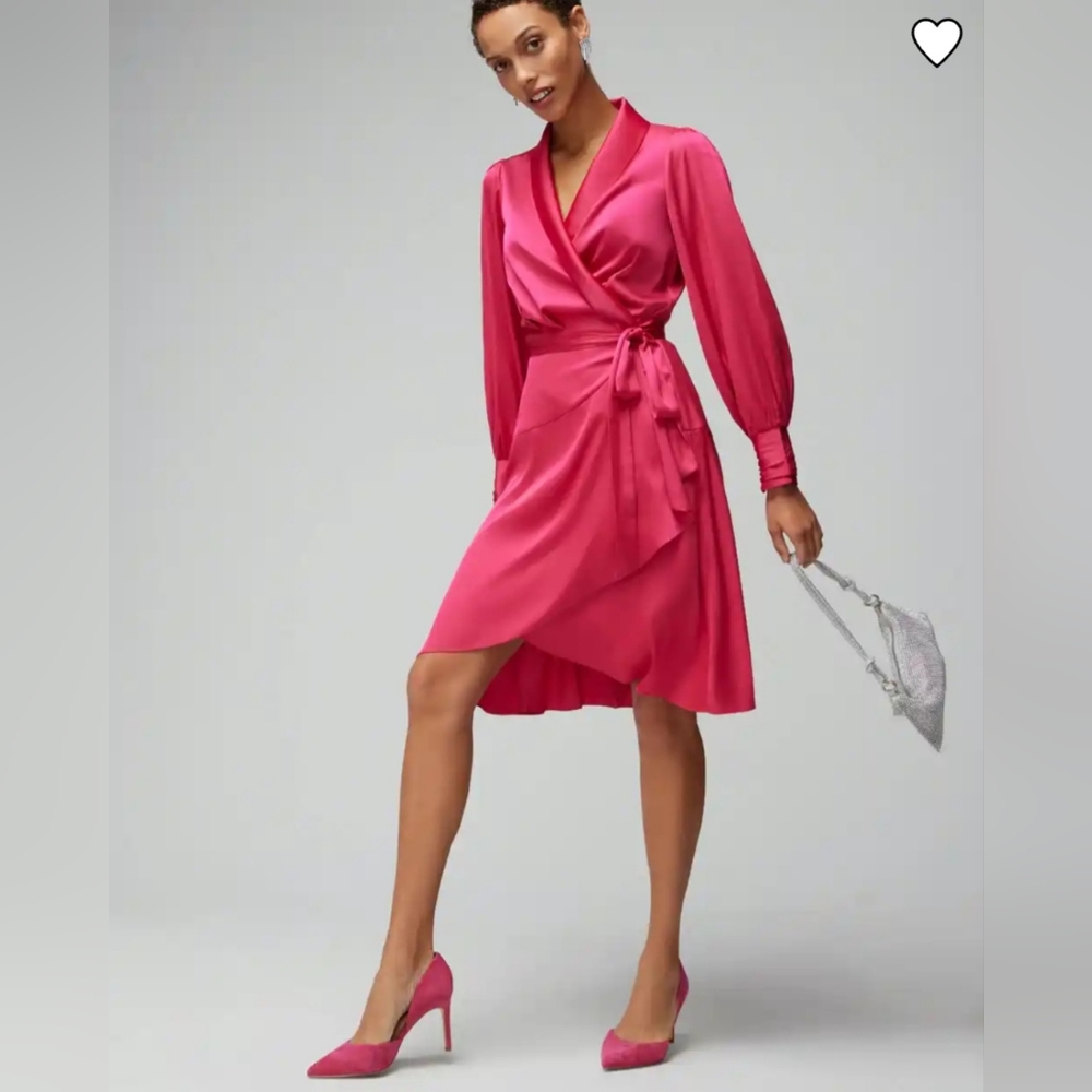 WHBM LONG SLEEVE SATIN WRAP FUSCHIA DRESS SIZE 12 NWT